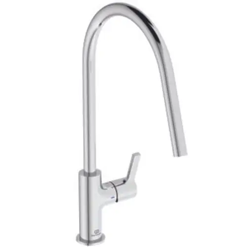 Küchenarmatur aus Chrom von Ideal Standard mit einem gebogenen Auslauf und einem seitlichen Hebel. Klar strukturierte Form, geeignet für moderne Küchen.